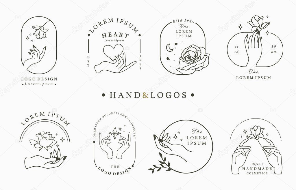 Beauty occult logo collection with hand,geometric,rose,moon,star,flower.Vector illustration for icon,logo,sticker,printable and tattoo