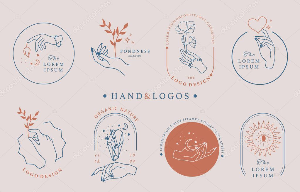 Beauty occult logo collection with hand,geometric,rose,moon,star,flower.Vector illustration for icon,logo,sticker,printable and tattoo
