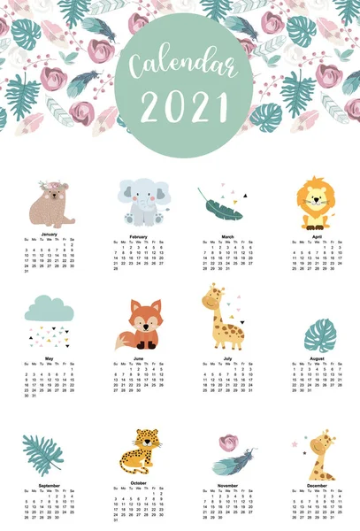 Calendário Bonito Floresta 2021 Com Urso Girafa Raposa Folhas Para —  Vetores de Stock