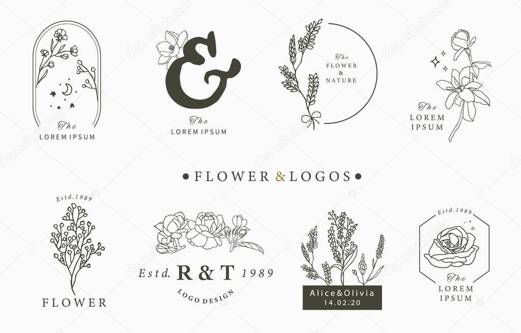 Beauty occult logo collection with geometric,rose,moon,star,flower.Vector illustration for icon,logo,sticker,printable and tattoo