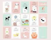 Roztomilý zvířecí kalendář 2021 se psem, kočkou, medvědem pro děti, dítě, děťátka.Lze použít pro tisknutelnou grafiku.