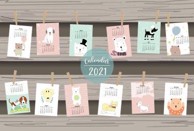 Sevimli hayvan takvimi 2021, köpek, kedi, çocuk, bebek için ayı. Yazdırılabilir grafik için kullanılabilir. Düzenlenebilir element