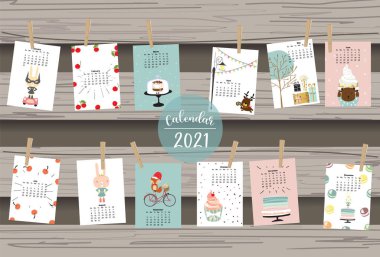 Tatlı hayvan takvimi 2021, tavşan, tilki, çocuklar için ayı, çocuk, bebek. Yazdırılabilir grafikler için kullanılabilir. Düzenlenebilir element