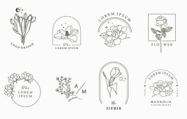 Geometrik, gül, lavanta ve manolya ile güzellik okült logo koleksiyonu. Simge, logo, çıkartma, yazdırılabilir ve dövme için vektör ilüstrasyonuName