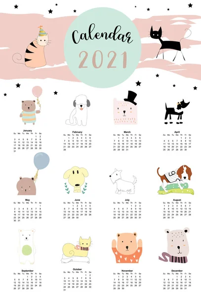 Cute Animal Calendar 2021 Dog Cat Bear Children Kid Baby — Stock Vector