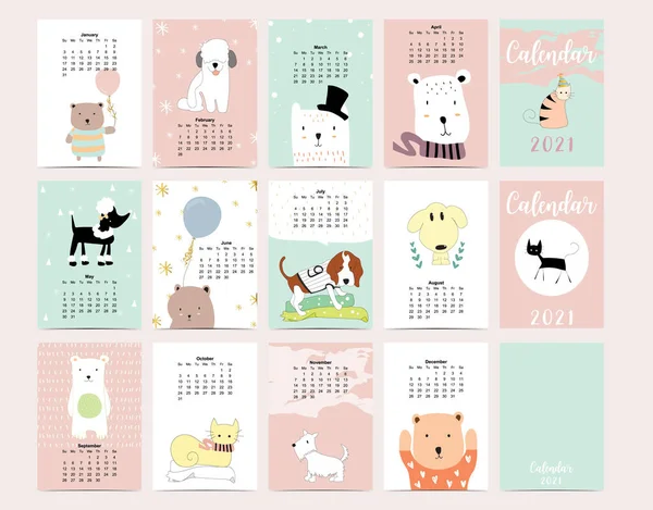 Calendar Animalic Drăguț 2021 Câine Pisică Urs Pentru Copii Copil — Vector de stoc