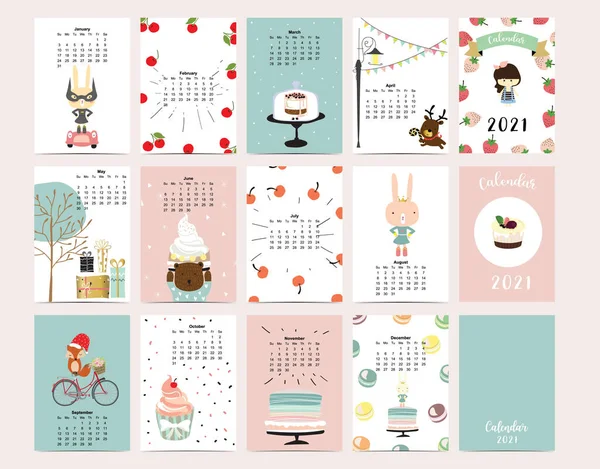 Calendrier Animal Mignon 2021 Avec Lapin Renard Ours Pour Enfants — Image vectorielle