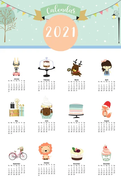 Симпатичний Календар 2021 Рік Кроликом Лисицею Ведмедем Дітей Дитиною Дитиною — стоковий вектор