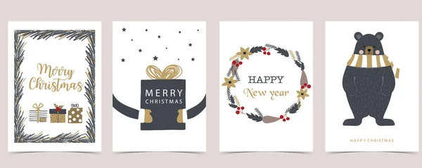 Cute Christmas Collection Wreath Bear Gift Box Vector Illustration Poster — стоковый вектор