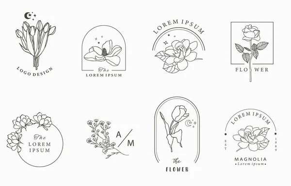 幾何学的 ラベンダー マグノリアと美容オカルトのロゴコレクション アイコン ステッカー 印刷可能なタトゥーのためのベクトルイラスト — ストックベクタ