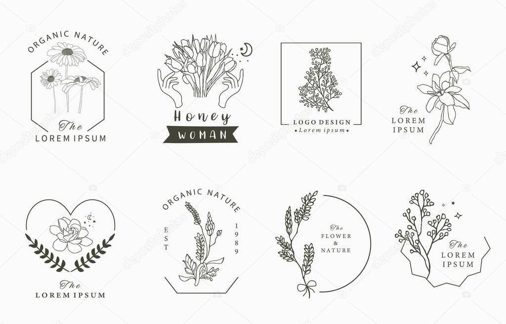 Beauty occult logo collection with geometric,tulip,lavender,magnolia.Vector illustration for icon,logo,sticker,printable and tattoo