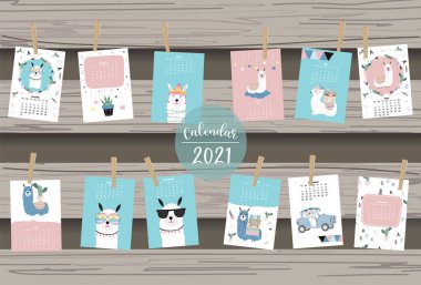 Lama, alpaka, çocuklar için kaktüs, çocuk ve bebek içeren şirin hayvan takvimi 2021 basılabilir grafikler için kullanılabilir. Düzenlenebilir temel