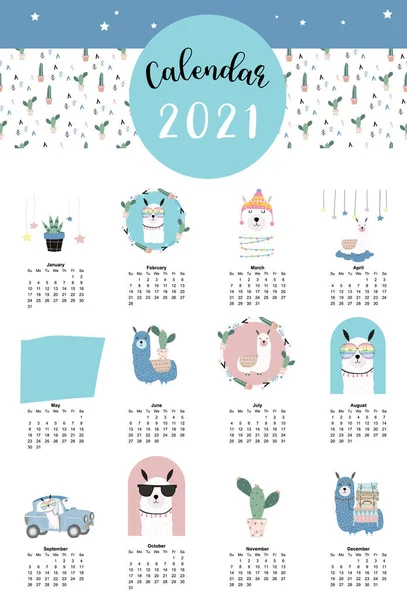 Calendário Animal Bonito 2021 Com Lhama Alpaca Cacto Para Crianças —  Vetores de Stock