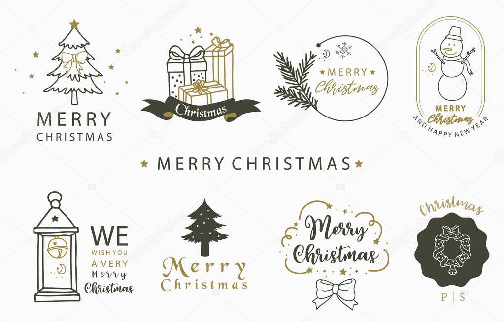 Christmas logo collection with Christmas tree, snowman,wreath,gift.Vector illustration for icon,logo,sticker,printable and tattoo