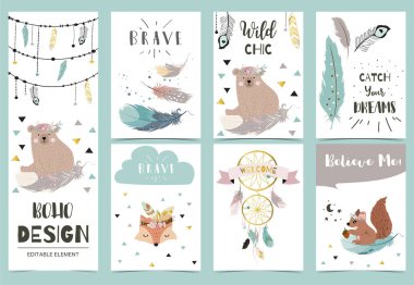 Tüy, düş kapanı, fox.Vector illüstrasyonu içeren boho kartı koleksiyonu. Doğum günü davetiyesi, kartpostal, poster, kart, kapak