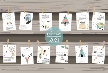 Tatlı boho takvimi 2021. Tüy, yakalayıcı, vahşi, çocuklar, çocuklar, bebekler için çelenk. Yazdırılabilir grafikler için kullanılabilir.