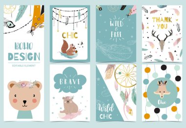 Tüy, düş kapanı, fox.Vector illüstrasyonu içeren boho kartı koleksiyonu. Doğum günü davetiyesi, kartpostal, poster, kart, kapak