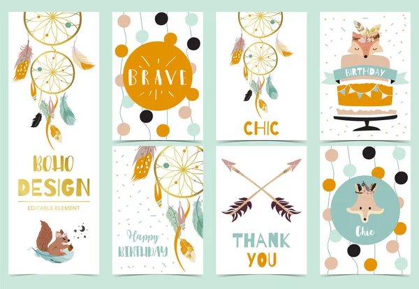 Colección Tarjetas Boho Set Con Pluma Atrapasueños Fox Vector Ilustración — Archivo Imágenes Vectoriales