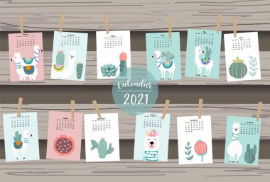 Lama, alpaka, çocuklar için kaktüs, çocuk ve bebek içeren şirin hayvan takvimi 2021 basılabilir grafikler için kullanılabilir. Düzenlenebilir temel
