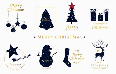 Noel ağacı, kardan adam, ren geyiği, hediye. Simge, etiket, yazdırılabilir ve dövme için vektör illüstrasyonu.