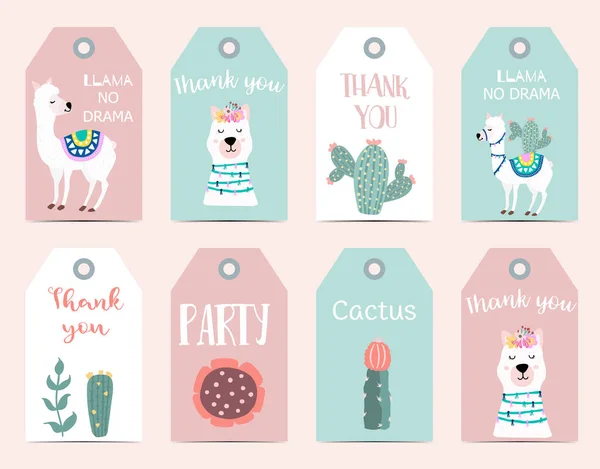 Carino Tag Cartone Animato Con Lama Alpaca Cactus Con Grazie — Vettoriale Stock