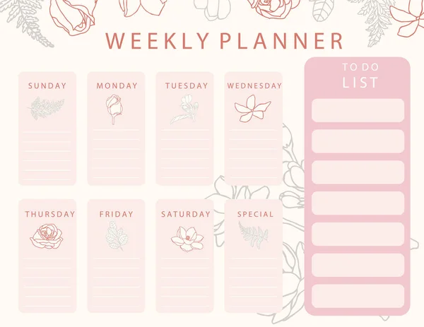 Planejador Calendário Flores Rosa Com Rosa Jasmim Folhas Pode Usar —  Vetores de Stock