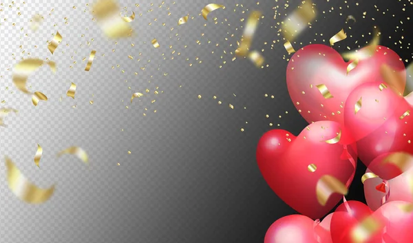 Flying bunch of red balloon hearts and golden confetti on transparent background. Happy Valentines Day. Vector holiday illustration. Festive decoration. Wedding background
