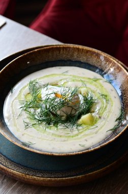 Bir restoranda servis edilen, dereotlu ve yumurtalı kremalı bir çorbanın yukarıdan aşağı görüntüsü. Geleneksel bir Avrupa yemeği, güzelce sunulmuş ve stil verilmiş, otantik tatlar sergileniyor ve ev yapımı yemekler rahatlatıcıydı..