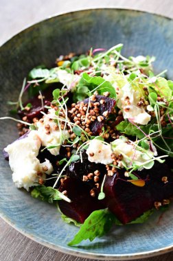 Kavrulmuş pancar, peynir ve taze otlarla dolu bir salatanın yakın plan görüntüsü, ahşap bir masadaki bir restoranda bir tabakta servis ediliyor. Canlı renklere ve taze malzemelere sahip sağlıklı bir mevsimlik yemek, modern gastronomi için mükemmel, sağlıklı beslenme.