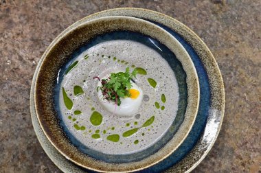 Geleneksel Çek mantar çorbası haşlanmış yumurta ve bir tutam yağla servis edilir. Çek mutfağının otantik tadını yakalayan, sonbahar ve geleneksel yemek fotoğrafçılığı için mükemmel bir ev yapımı kırsal ve rahatlatıcı yemek..