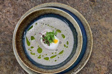 Geleneksel Çek mantar çorbası haşlanmış yumurta ve bir tutam yağla servis edilir. Çek mutfağının otantik tadını yakalayan, sonbahar ve geleneksel yemek fotoğrafçılığı için mükemmel bir ev yapımı kırsal ve rahatlatıcı yemek..