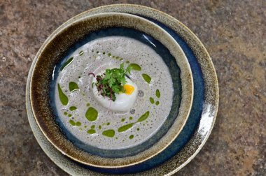 Geleneksel Çek mantar çorbası haşlanmış yumurta ve bir tutam yağla servis edilir. Çek mutfağının otantik tadını yakalayan, sonbahar ve geleneksel yemek fotoğrafçılığı için mükemmel bir ev yapımı kırsal ve rahatlatıcı yemek..