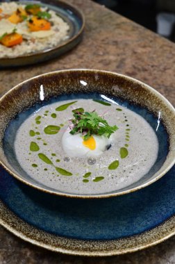 Geleneksel Çek mantar çorbası haşlanmış yumurta ve bir tutam yağla servis edilir. Çek mutfağının otantik tadını yakalayan, sonbahar ve geleneksel yemek fotoğrafçılığı için mükemmel bir ev yapımı kırsal ve rahatlatıcı yemek..