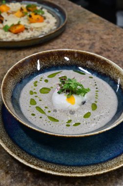 Geleneksel Çek mantar çorbası haşlanmış yumurta ve bir tutam yağla servis edilir. Çek mutfağının otantik tadını yakalayan, sonbahar ve geleneksel yemek fotoğrafçılığı için mükemmel bir ev yapımı kırsal ve rahatlatıcı yemek..