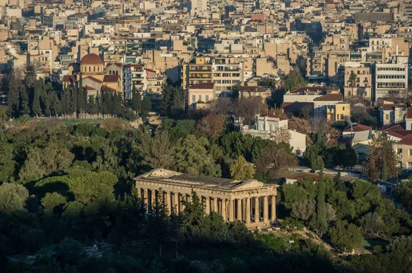 Vista Ciudad Atenas Con Templo Hefesto Desde Colina Acrópolis Grecia — Foto de Stock