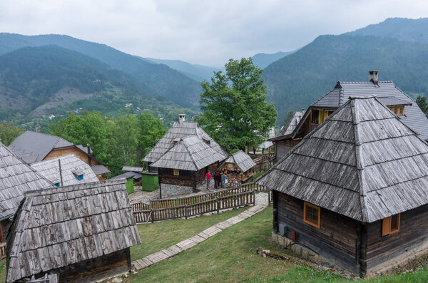 Mokra Gora, Serbia - May 6, 2018: Drvengrad (Mecavnik / Kustendorf) Eco village built by Emir Kusturica in Mokra Gora of in Western Serbia
