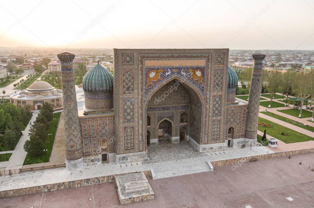 View of Sher-Dor Madrasa from minaret of Ulugbek Madrasah on Registan Square in Samarkand, Uzbekistan