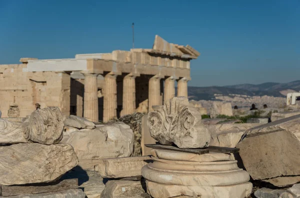 Ruinen Des Parthenon Tempels Mit Monumentalem Tor Propyläen Der Akropolis — Stockfoto