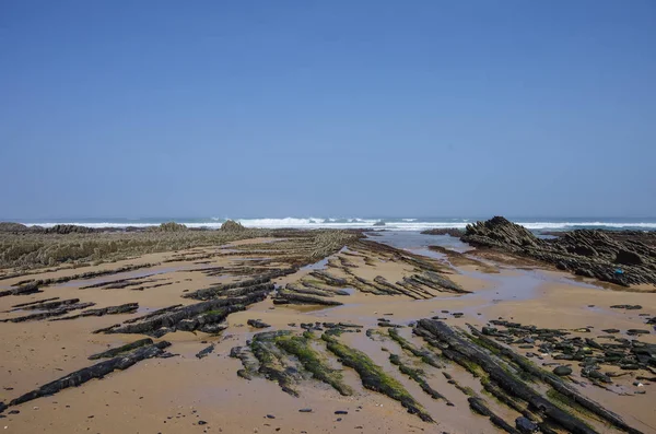 Útesy na Praia da Fateixa. Arrifana moře pobřeží Atlantiku v Algarve na jihu Portugalska. — Stock fotografie