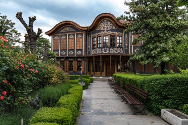 Tipik mimari, tarihi ortaçağ evleri. Filibe Etnografya Müzesi. Antik Plovdiv Unesco'nun Dünya Mirası