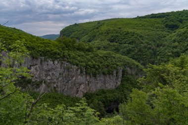 Yakın Dryanovo nehri kanyonpanoramik görünümü. St. Archangel Michael Manastırı, Gabrovo region, Bulgaristan