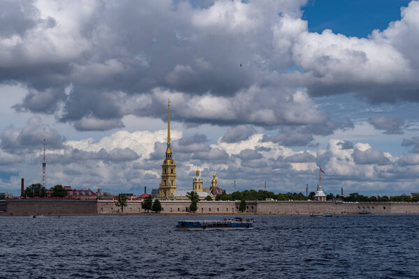 Saint Petersburg, Russia - June 3, 2020: Peter and Paul Fortress and cathedral on Zayachy Island.