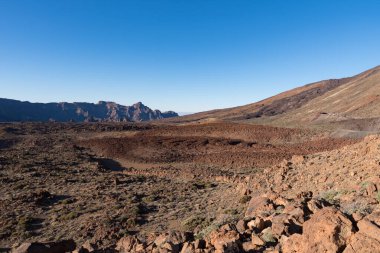 Teide Dağı Ulusal Parkı, Tenerife, Kanarya Adaları, İspanya 'nın kalderasındaki lav tarlası manzarası