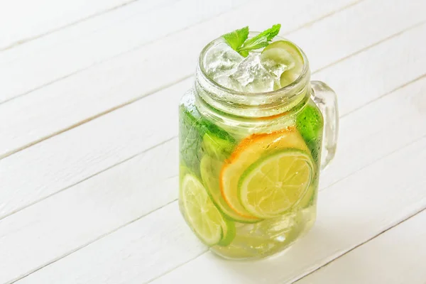 Glass Homemade Lemonade Mint Ice Rustic White Wooden Background Copy — Stock Photo, Image