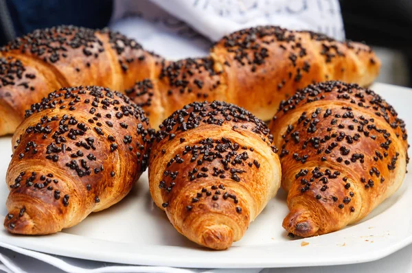 Group of freshly baked croissants decorated with chocolate chips lies on a white plate. Close-up