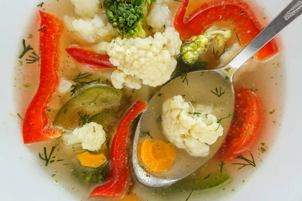 Vegetable Soup Made Cauliflower Carrot Tomato Pepper Herbs White Plate — Stock Photo, Image