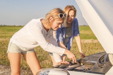 İki güzel sarışın kız günbatımı ışınlarının bir ülkede yol üzerinde bir arabayı tamir.