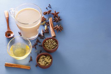 Çay masala süt malzemelerle baharat - tarçın, kakule, zencefil, karanfil, tıknaz, tatlı biber, tatlım. Kopya alanı