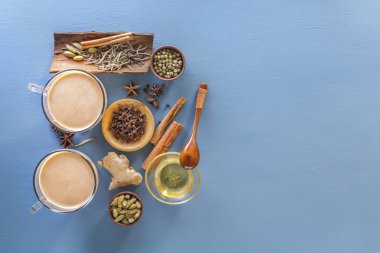 Çay masala süt malzemelerle baharat - tarçın, kakule, zencefil, karanfil, tıknaz, tatlı biber, tatlım. Üstten görünüm. Kopya alanı