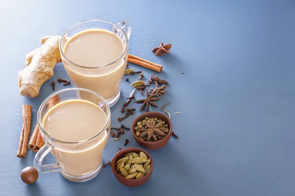 Hot Indian milk tea with spices - cinnamon, cardamom, ginger, cloves, tubby, sweet pepper on a wine background. Copy space